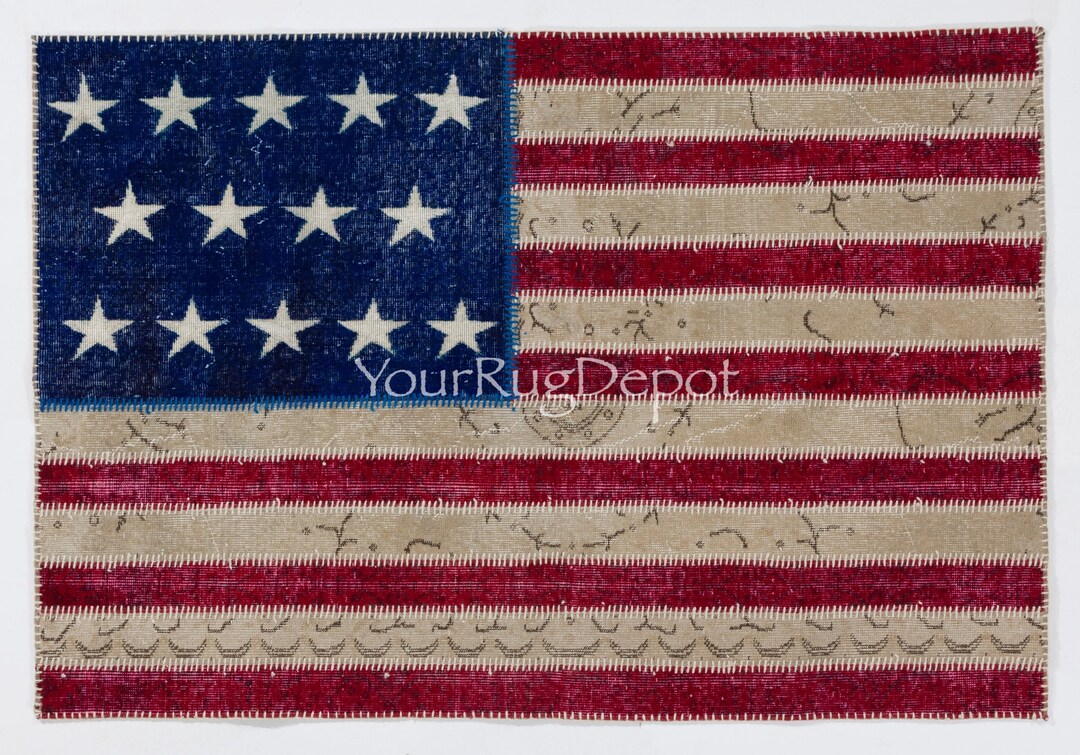 American Flag Design Patchwork Rug. Vintage Handmade USA Flag Pattern ...