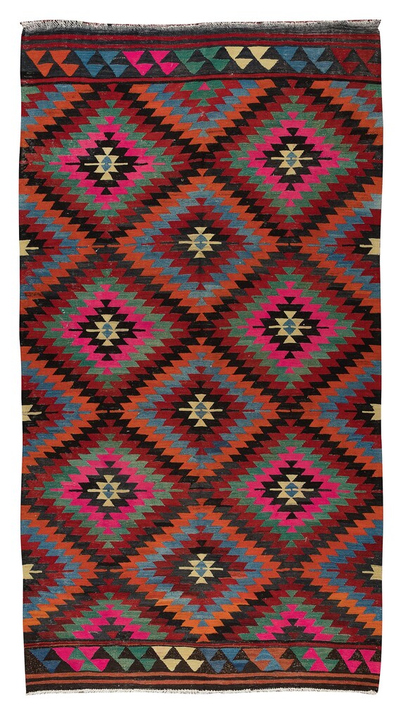 トルコ織物ウール製幾何学模様ラグ こまっ 94x66cm