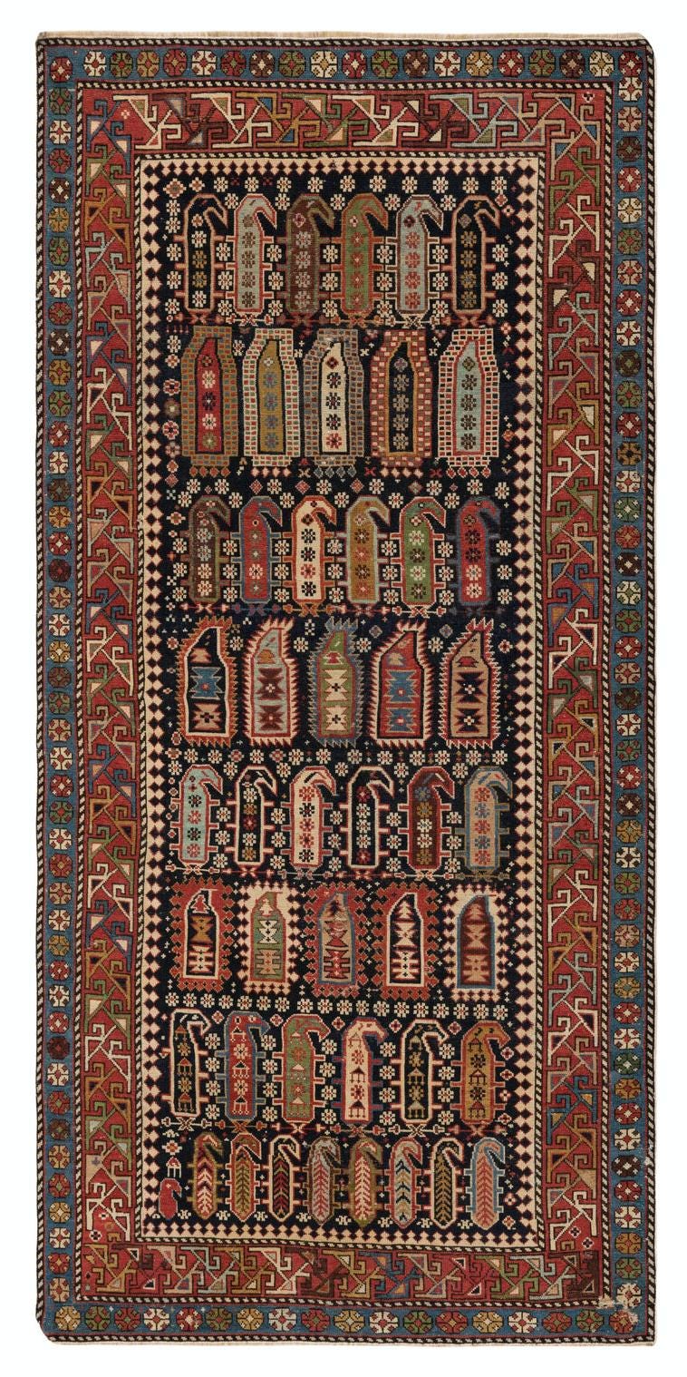 4.4 x 9フィートのアンティークシルヴァンラグ、東コーカサス、1875