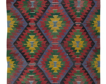 6x10.5 Ft Vintage Handmade Turkish Wool Kilim 'Flat Weave' with Geometric Patterns. BTEK1352