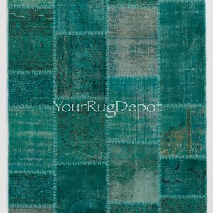 Modern Handmade Patchwork Rug in Shades of Teal Blue Color. Contemporary Turkish Carpet. BD524