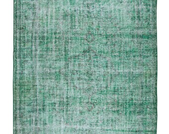 Green Over-Dyed Rug, Hand Knotted Turkish Vintage Wool Carpet. 6x9.6 Ft, BTEK0589