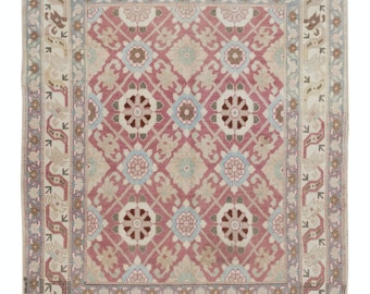 3.8x4.6 Ft Vintage Handmade Turkish Wool Rug with Soft Colors. BTEK1336