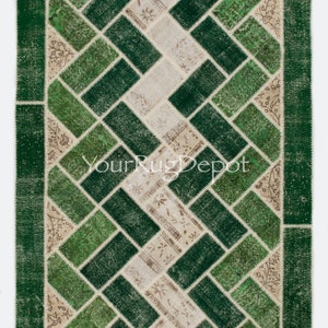 Modern Patchwork Rug in Green and Beige Colors, Contemporary Handmade Turkish WoolCarpet. BD722