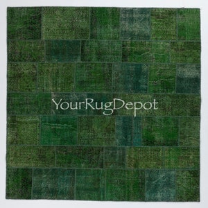 Green Color Handmade Patchwork Rug Made from Over-Dyed Vintage Carpets, Custom Options Available. BD601