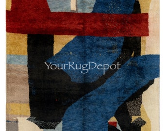 Contemporary Abstract Hand-Knotted Rug in Red, Blue, and Black Wool. 100% Wool. Custom Options Available. BT128