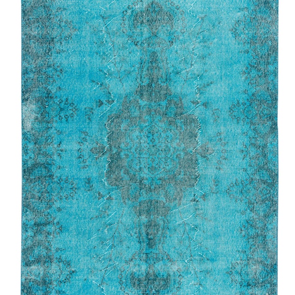 Alfombra turca hecha a mano de lana vintage teñida en azul turquesa para sala de estar. 5x9.3 pies, BTEK0573