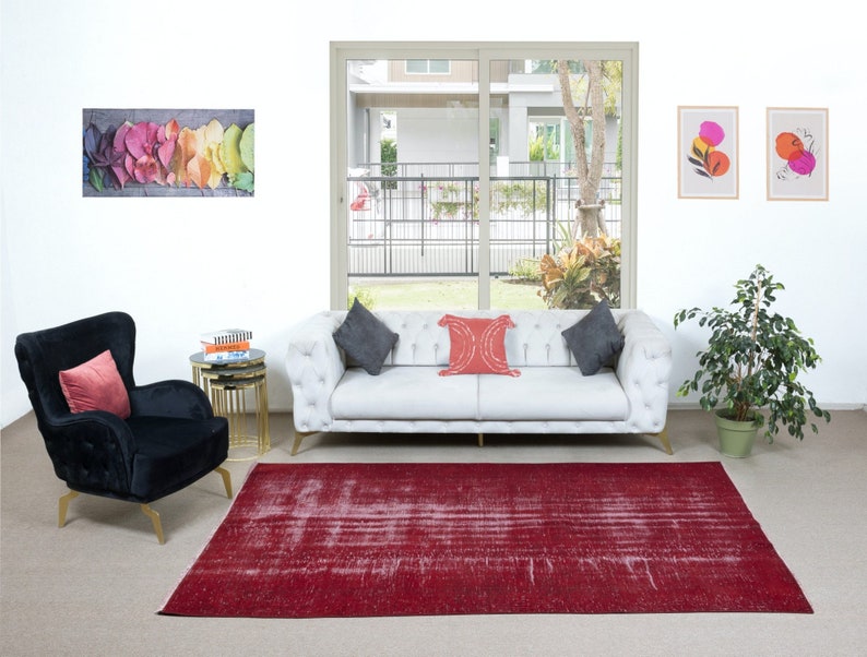 Decorative Turkish Red Area Rug, Handmade Shabby Chic Carpet, Woolen Floor Covering. 6x9.2 Ft, BTEK1364 image 4