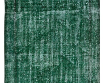 Distressed Vintage Hand Knotted Anatolian Wool Area Rug Over-Dyed in Green for Modern Interiors. 4.8x7.7 Ft, BTEK0170