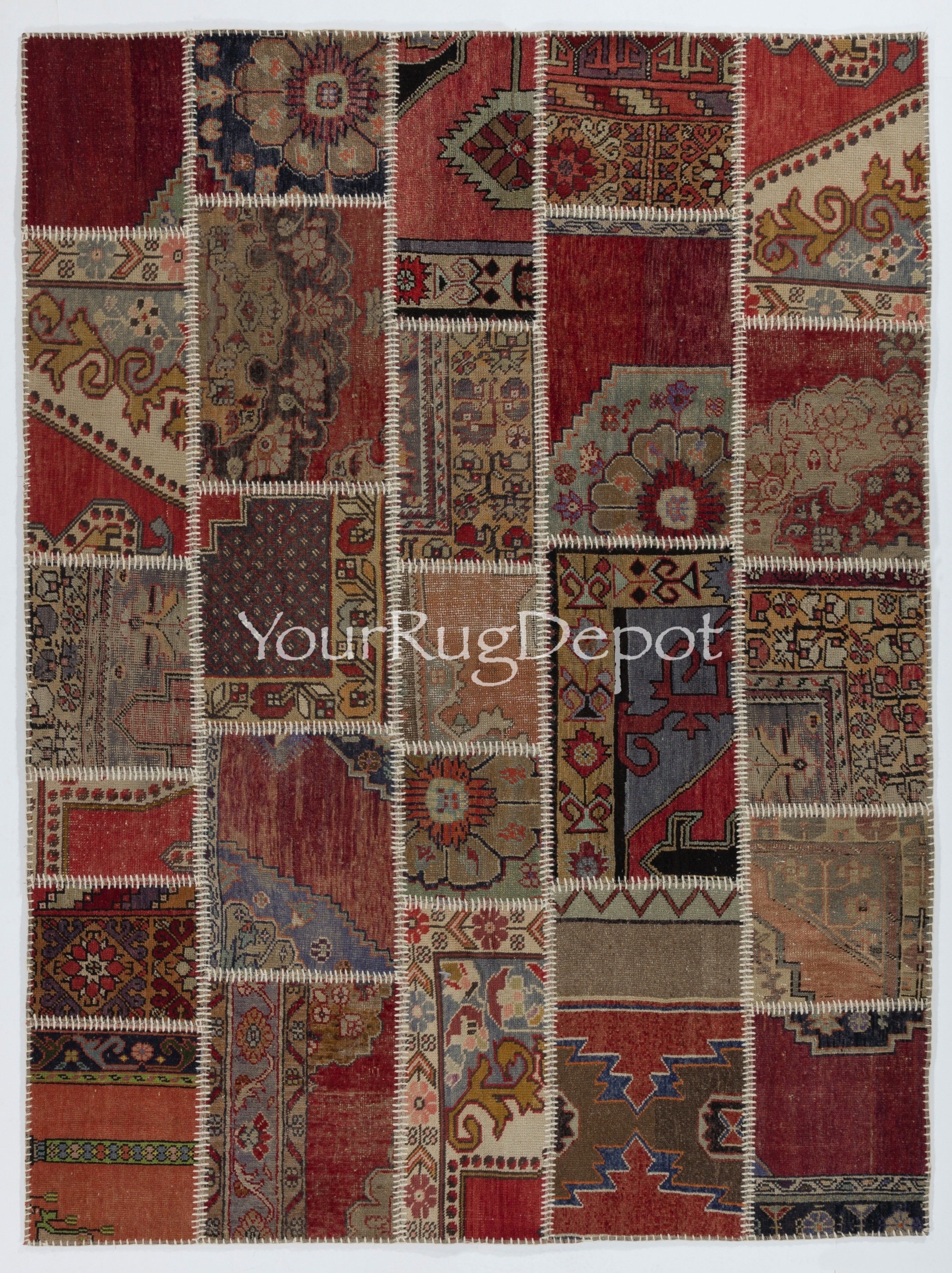 Handmade Patchwork Rug, Authentic Vintage Turkish Carpet, Custom