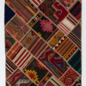 Handmade Patchwork Kilim Rug &quot;Flat-Weave&quot;, Vintage Turkish Carpet. 4x6 Ft, BD679