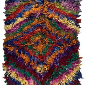 4x6 Ft Multicolor Handmade Shag Pile Mohair Tulu Rug with Fringe, Vintage Shaggy Carpet, 100% Mohair Wool. BTEK0954