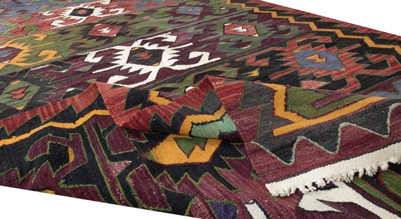 天然ウールを使用した、マルチカラーのヴィンテージ手織りトルコ