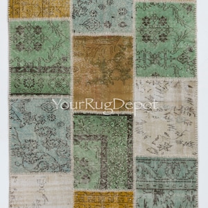 Patchwork Turkish Rug in Yellow, Blue, Green and Beige. Handmade from Re-Dyed Vintage Carpets, Woolen Floor Covering. BD397