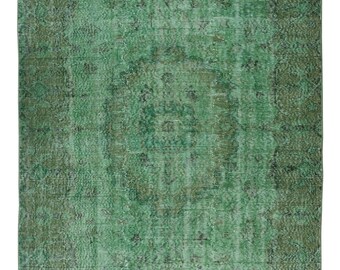 Handmade Vintage Turkish Wool Area Rug Over-Dyed in Green for Modern Interiors. 5.6x9.8 Ft, BTEK0621