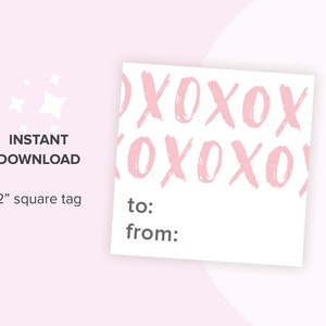 XOXO 2in SQUARE TAG, printable cookie tag, instant download Valentines Day tag