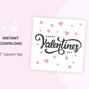 Happy Valentine&#39;s Day 2in SQUARE TAG, printable cookie tag, instant download Valentines Day tag