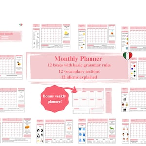 Può includere: Un planner mensile stampabile rosa e bianco con 12 caselle, ciascuna contenente regole grammaticali di base, sezioni di vocabolario e idiomi spiegati. Include anche un planner settimanale bonus.