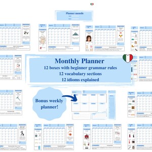 Può includere: Un planner mensile con 12 pagine di calendario, ognuna con un diverso tema di vocabolario italiano. Il planner include anche 12 regole grammaticali e 12 idiomi spiegati. È incluso un planner settimanale bonus.