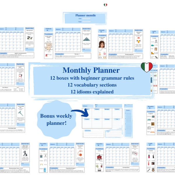 BEGINNER - Monthly printable planner, grammar rules (beginner level), vocabulary, idioms. Learn Italian month by month. 3 colors.