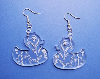 Acrylic Duck Earrings: Wildflower Engraved, Hypoallergenic Dangle Earrings