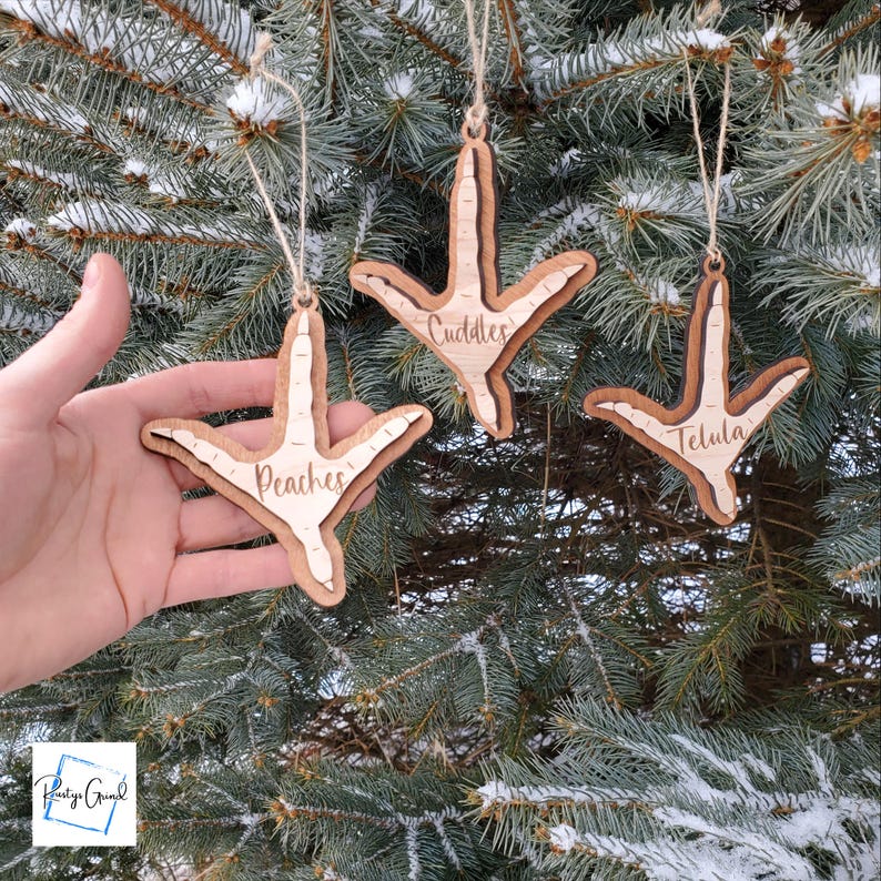 May include: Three wooden ornaments shaped like a chicken foot with the names "Cuddles", "Peaches", and "Telula" engraved on them. The ornaments are hanging on a pine tree branch.