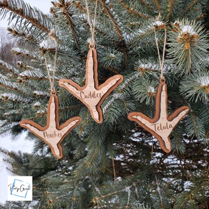 May include: Three wooden ornaments shaped like a chicken foot with the names "Cuddles", "Peaches", and "Telula" engraved on them. The ornaments are hanging on a green Christmas tree.