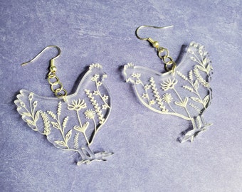 Acrylic Chicken Earrings: Engraved Wildflower Dangle, Hypoallergenic