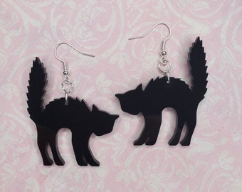 Black Acrylic Scared Cat Earrings: Hypoallergenic Halloween Jewelry