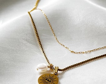 Sunlit Eye Sonnen Auge Edelstahl Kette Gold – Sun Eye Charm Necklace Gold – Augen Edelstahl Kette Gold – Boho Spiritual Jewelry