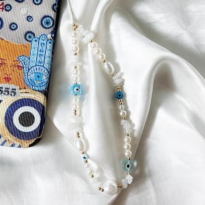 Mystic Eye Phone Necklace Moonstone Beads Nazar Eye – Evil Eye Phone Charm Moonstone – Pearl Moonstone Phone Strap – Phone Necklace to Wear Around Your Neck