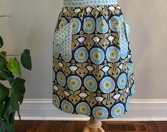 Mother’s Day Gift - Women’s Cotton Half Apron - Adjustable size Small to XXL - Navy Modern Meadow  - Homemaker - Home Cook Baker Gift Idea