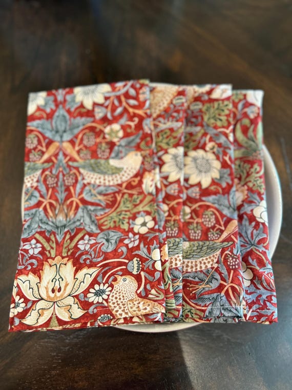 Crimson Red Strawberry Thief Cotton Napkins – Handmade Morris & Co. Set