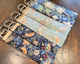 Key Fob - William Morris Print Cotton Fabric Handmade Keychain - Gifts for Gardeners - Strawberry Thief Golden Lily Fabric
