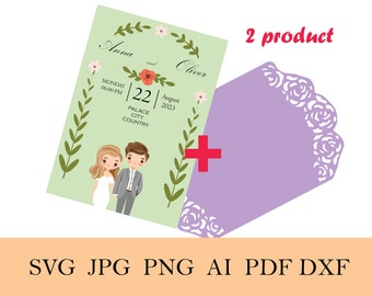 Roses Invitation and  Cute Bride and Groom Wedding Card  Svg Template, Wedding Invitation Card for Cricut, Instant Download, Svg, Dxf