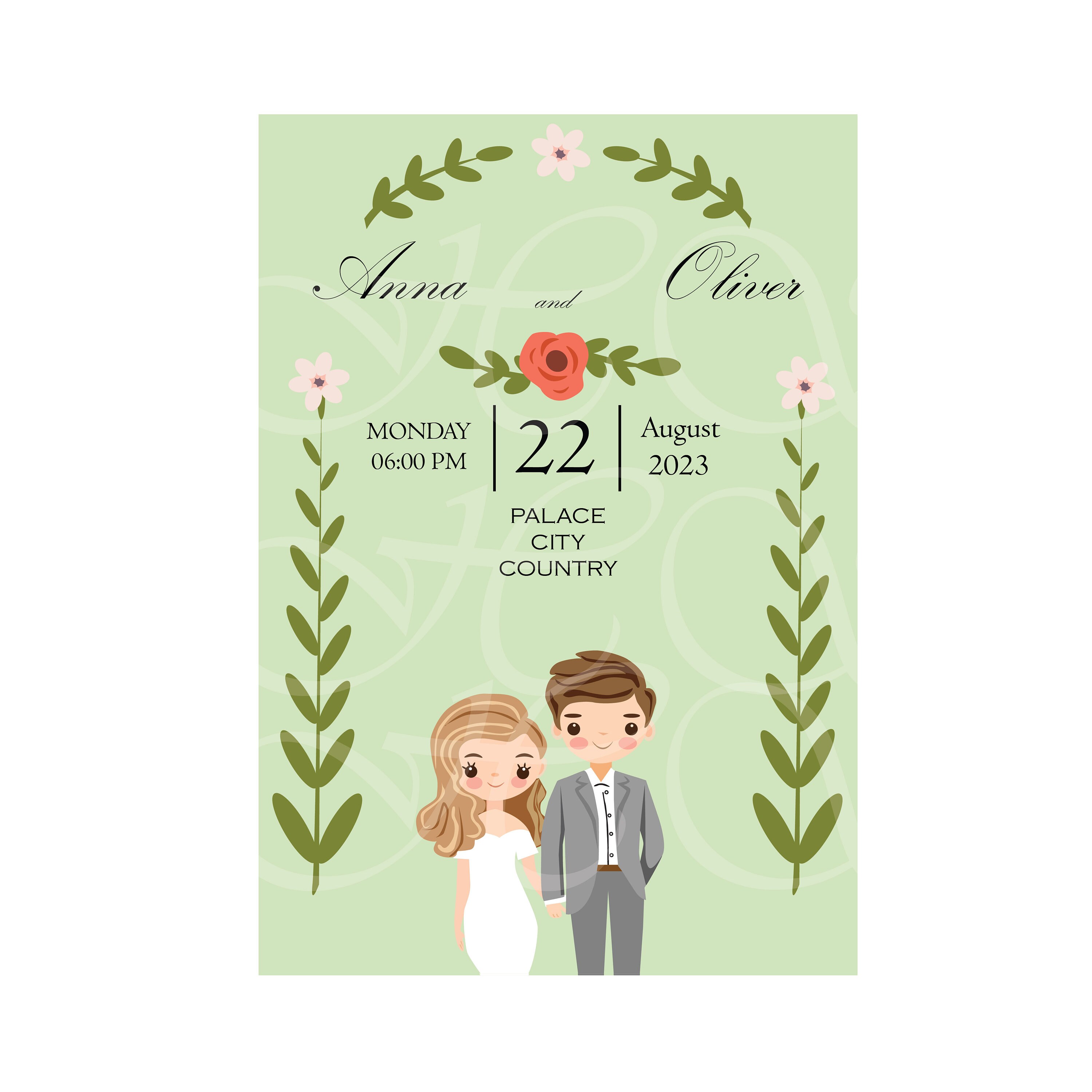 Roses Invitation and Cute Bride and Groom Wedding Card Svg Template ...