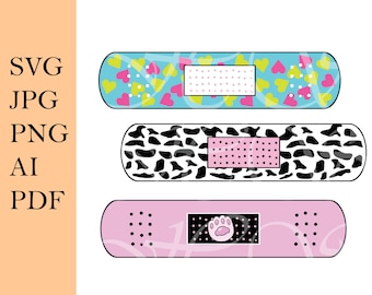 Svg File Band Aid Clipart, Bandaids Clipart, Bandage Clipart, Colourful Plaster Clipart, 3 Different Shapes, Cricut, Print