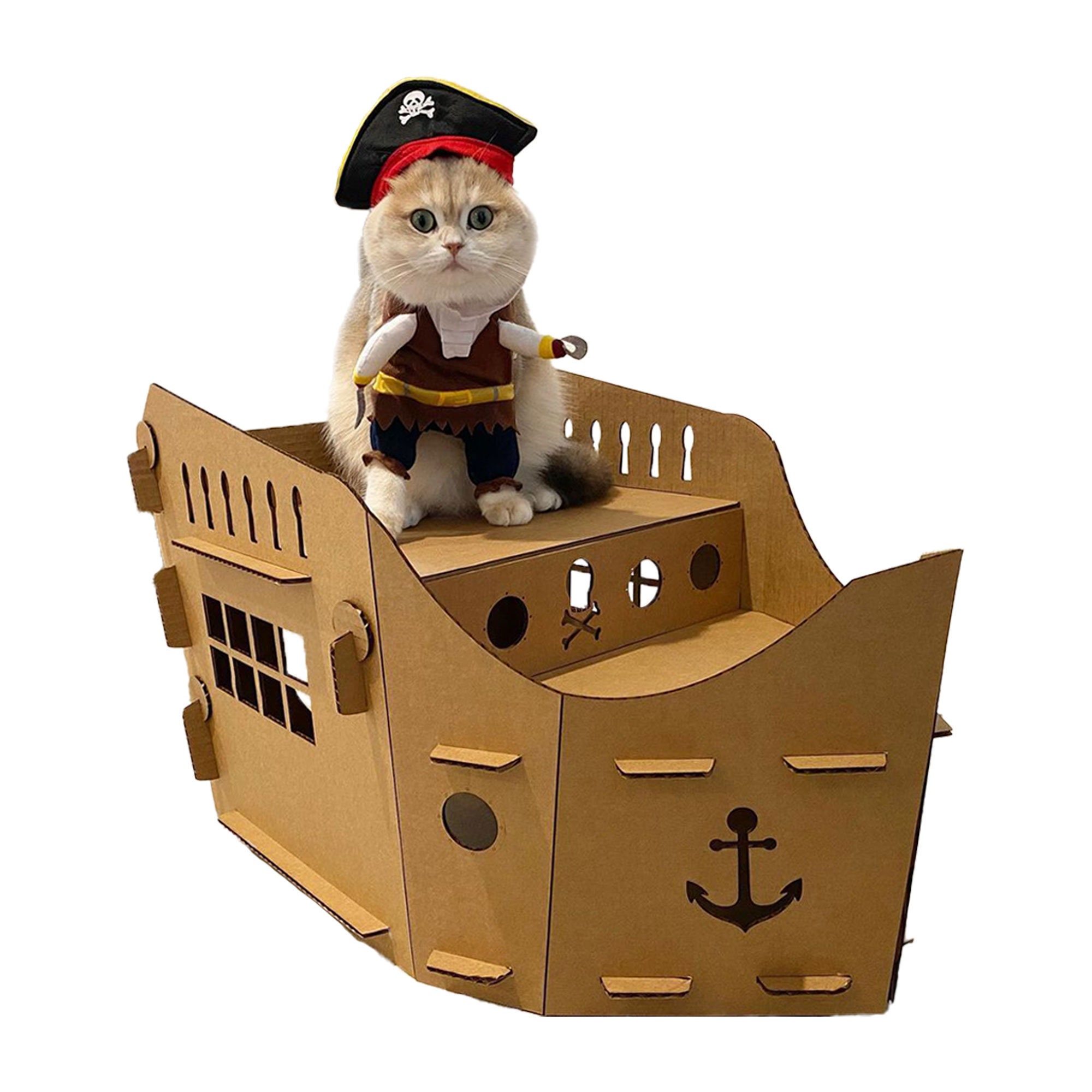 Cardboard Cat Homes Kitty Pirate Ship Cat Playhouse for Indoor