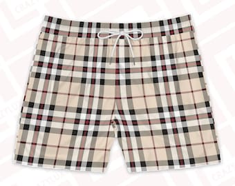 Camel Plaid Swim Shorts, Men's Mid-Length Shorts, Tartan design, Gift for him, men swimsuit, beachwear, designer swim trunks