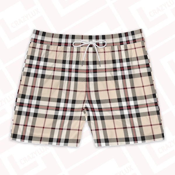 Camel Plaid Swim Shorts, Men's Mid-Length Shorts, Tartan design, Gift for him, men swimsuit, beachwear, designer swim trunks