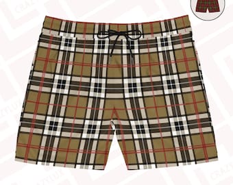 Thomson Camel Plaid Swim Shorts, Men's Mid-Length Shorts, Tartan design, Gift for him, men swimsuit, beachwear, designer swim trunks