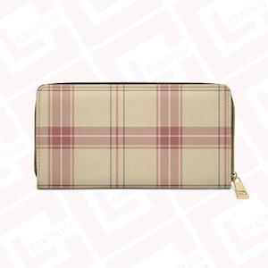 Cartera con cremallera a cuadros beige y rosa de diseñador, hermosa funda para bolso, accesorio de moda, regalo para las tendencias, piel sintética con diseño de estampado vibrante