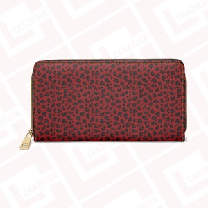 Cartera con cremallera de leopardo rojo de diseñador, estuche de diseñador, regalo accesorio de moda para creadores de tendencias, cuero sintético con diseño de estampado vibrante