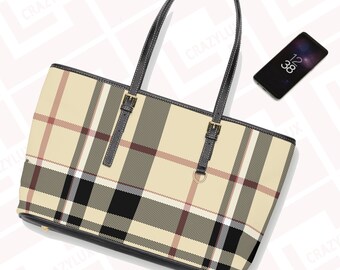 Beige Plaid Leather Shoulder Bag Purse Trendsetting PU Leather Polyester Lining Gold-Colored Details Double-Sided Print Gift for Mothers Day