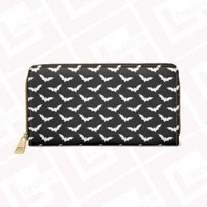 Cartera con cremallera de diseño gótico con murciélagos, hermoso estuche para bolso, accesorio de moda, regalo para quienes marcan tendencia, cuero sintético con diseño de estampado vibrante