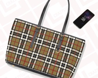 Trendy Custom Tartan Shoulder Bag, High-grade PU leather, gold accents, double-sided print, adjustable straps, designer bag big interior