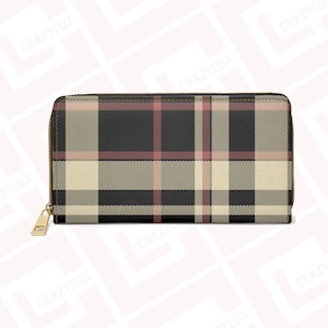 Cartera con cremallera a cuadros oscuros de diseñador, estuche de diseñador, regalo accesorio de moda para creadores de tendencias, cuero sintético con diseño de estampado vibrante