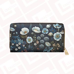 Cartera con cremallera y diseño floral en azul Cottage Core, hermosa funda para bolso, accesorio de moda, regalo para quienes marcan tendencia, cuero sintético