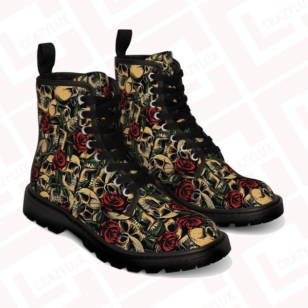 Totenkopf und Rosen Damen Canvas Stiefel, Vegan Leder Stiefel, Rocker Style Stiefel, Gothic und Metal Trendy Stiefel, Einzigartige Designer Stiefel