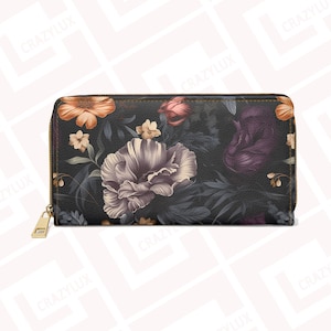 Cartera con cremallera floral oscura de diseñador, estuche de diseñador, regalo accesorio de moda para creadores de tendencias, cuero sintético con diseño de estampado vibrante